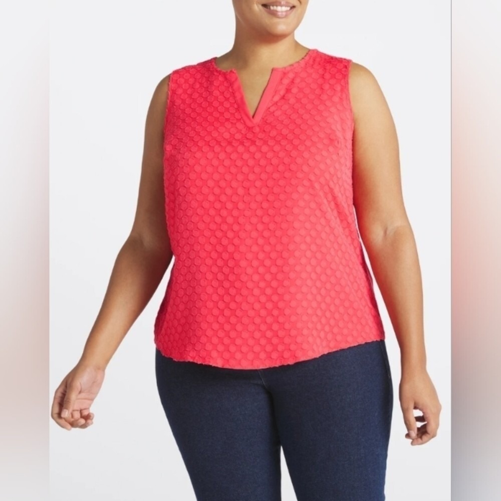41 Hawthorn Womens Large Petite Coral Pink Textured Sleeveless Split Neck Blouse